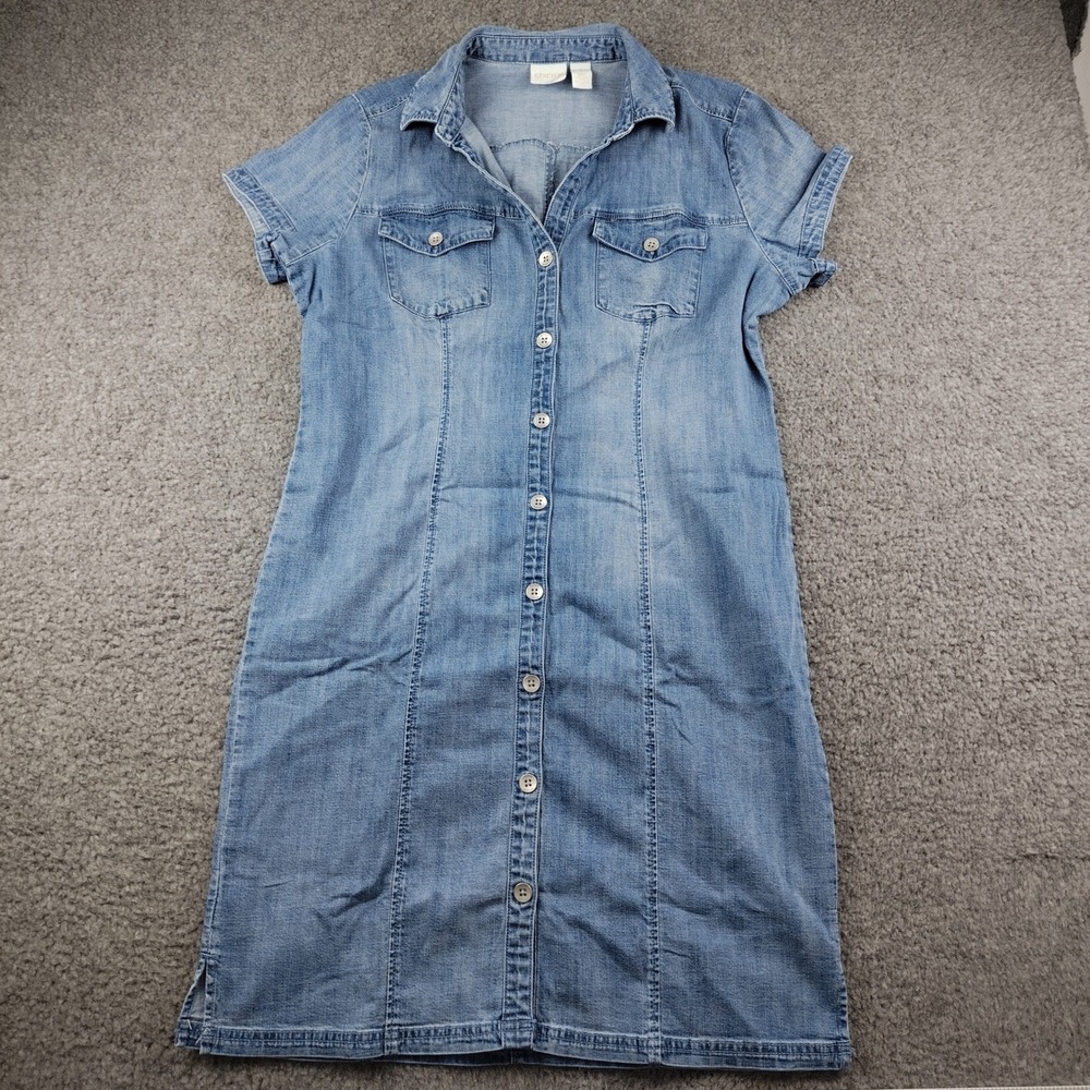 Chicos Dress Womens 8 Medium Blue Denim Short Sleeve Button Front EUC